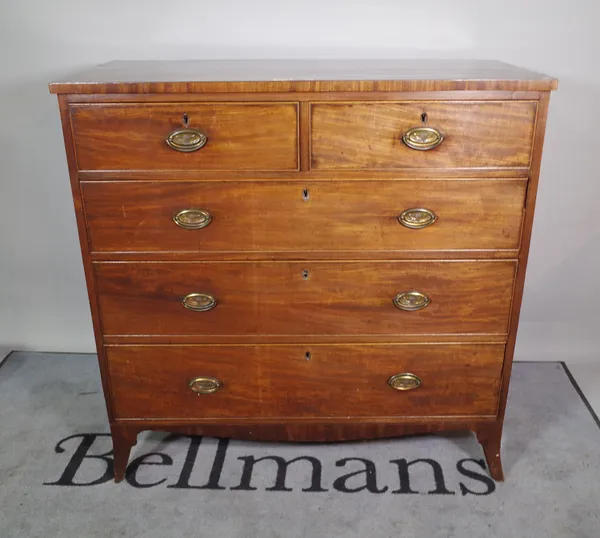 A George III mahogany chest with two short and three long graduated drawers, on splayed bracket feet, 109cm wide x 109cm high.