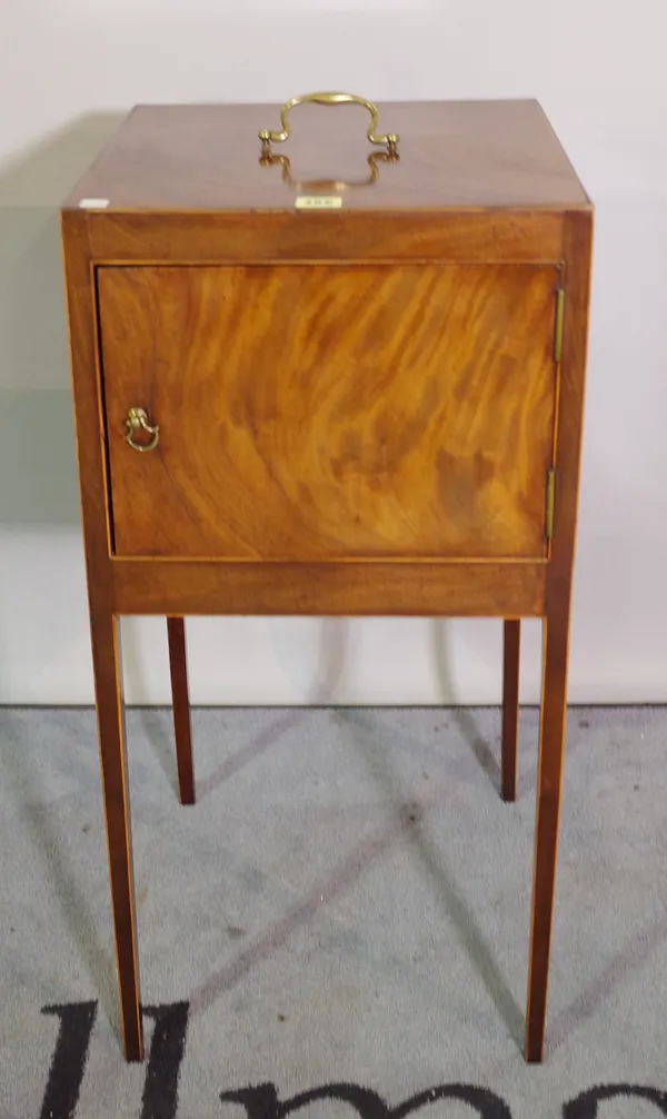 A George III mahogany and satinwood banded pot cupboard, on tapering square supports, 37cm wide x 78cm high.