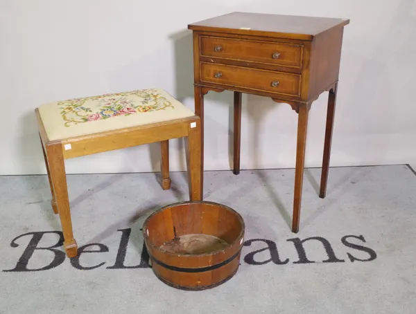 A George III style mahogany two drawer side table, 46cm wide x 71cm high, a late George III mahogany rectangular footstool on tapering splayed support