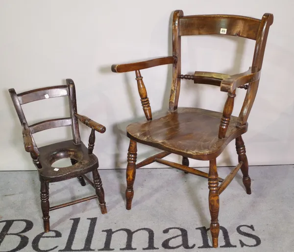 A 19th century ash and elm knife back scullery open armchair and another child's ash and elm open armchair, (2).