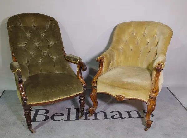 A Victorian rosewood framed low open armchair, with button back upholstery on tapering supports and another similar mahogany framed low armchair, (2).