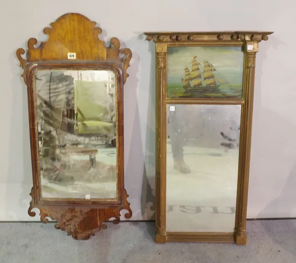 A George III mahogany pier mirror, 44cm wide x 94cm high and a 19th century gilt framed trumeau mirror, 46cm wide x 87cm high, (2).