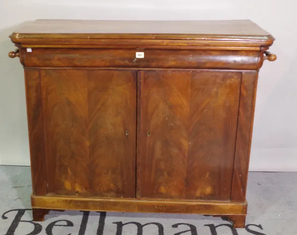 A late 19th century French walnut side cabinet, the lift top over cupboard, on bracket feet, 110cm wide x 95cm high.