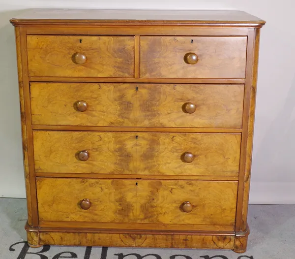 A Victorian figured walnut chest, two short drawers over three long graduated drawers, on a plinth base, 119cm wide x 120cm high.