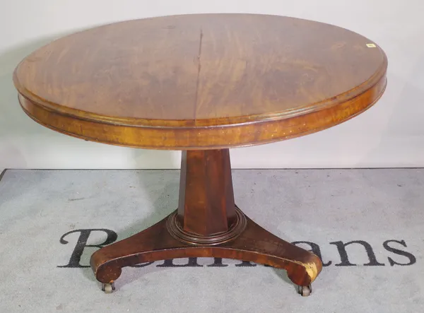 A Regency walnut circular tilt top dining table, on octagonal turned column, 106cm diameter x 80cm high.