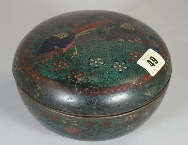 A Chinese cloisonné circular box and cover, the cover worked with two pheasants amongst flowers, (a.f.), 17cm diameter, (2).