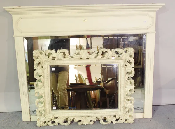 A 19th century white painted overmantel wall mirror, 120cm wide x 89cm high and a 20th century French style white painted wall mirror, 60cm wide x 75c