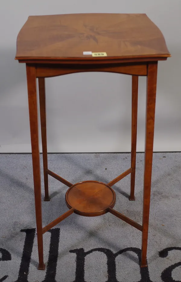 A 19th century satinwood two tier occasional table on tapering square supports united by 'X' frame stretcher, 36cm wide x 69cm high.