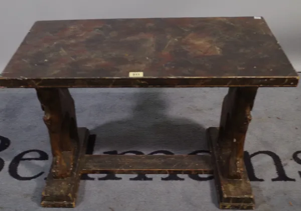 A late 19th century Italian faux marble painted low table on giltwood sphinx supports, 71cm wide x 43cm high.