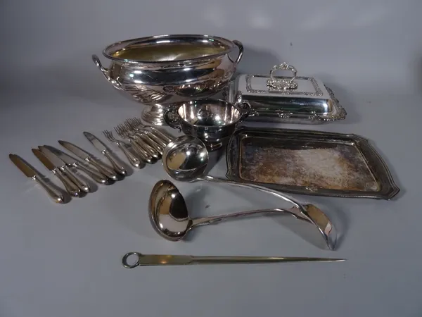 Silver plated items including; a large soup tureen, flatware, soup ladles, letter opener and sundry, (qty).