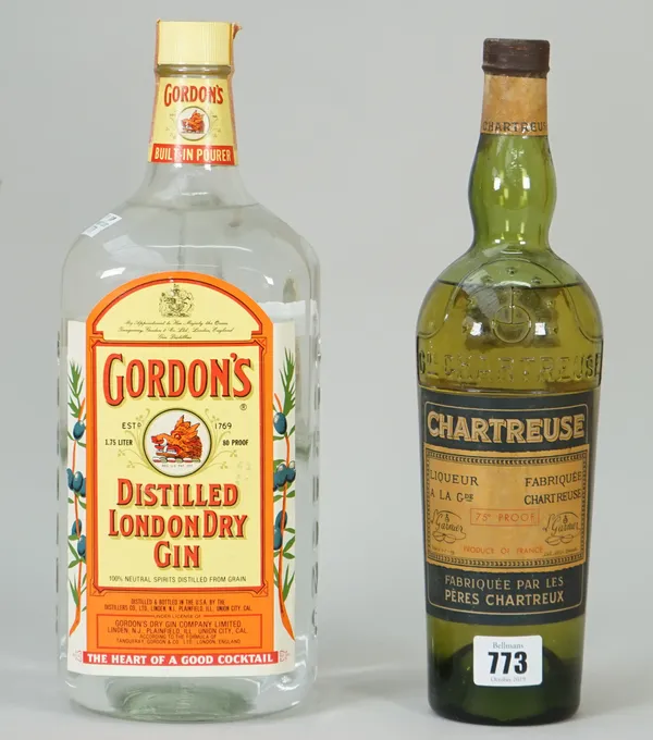 One bottle of Chartreuse green liquer and a 1.75L bottle of Gordons distilled London dry gin, (2).