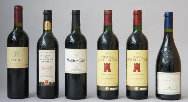 Twelve bottles of red wine, port and cognac, comprising; 2009 Fitou, 2005 Mouton Cadet Bordeaux, 2001 Fitou (x2), 2000 Chateau clos de la Tour (x2), 1