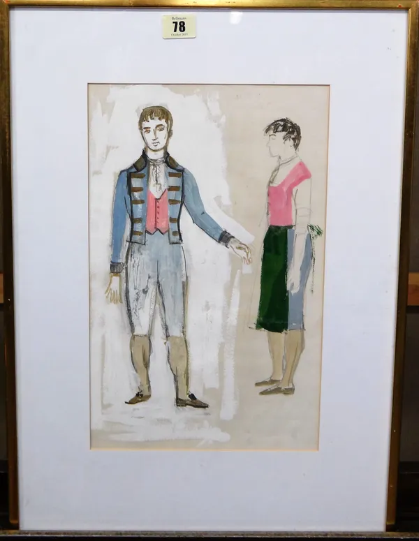 English School (20th century), Theatrical costume designs, a group of three, watercolour over pencil, each approx 26cm x 35cm.(2)