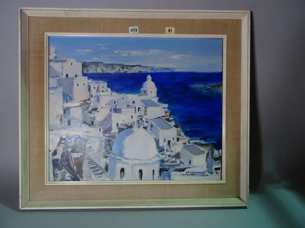 R. M. Dujardin (20th century), A Greek coastal view, oil on board, signed, 49cm x 59.5cm.