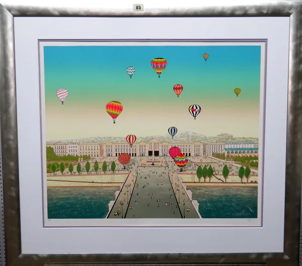 Francois (Fanch) Ledan (French, b. 1949), Balloons over a city, colour lithograph, signed, 55cm x 66cm.; together with a further reproduction floral p