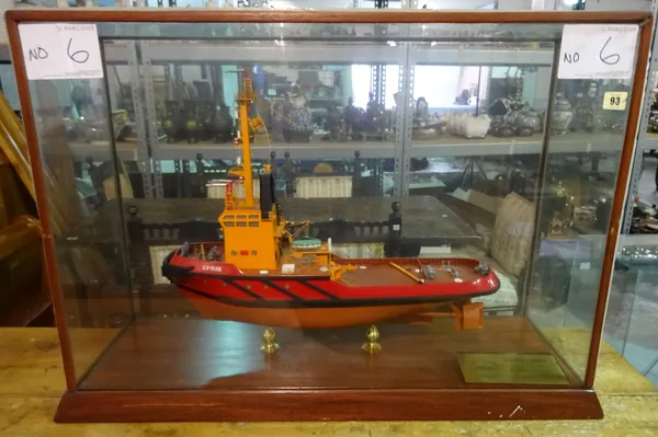 A large 20th century scratch built model of an Irish fishing boat Lyrie, in a glass case, 83cm long x 60cm tall, (a.f.).