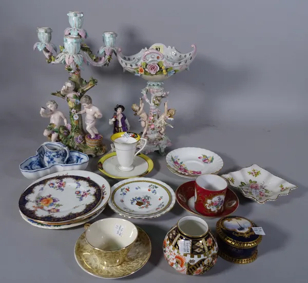 Ceramics, including; Meissen style candelabra (a.f), a centre piece and various cups and saucers, (qty).