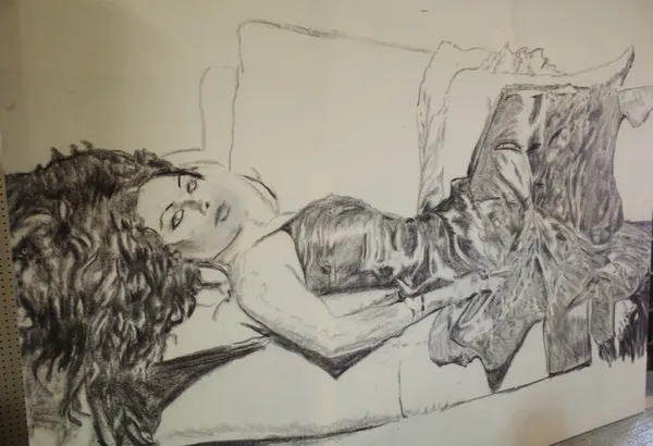 A large 20th century charcoal on canvas of a reclining lady, unframed, 270cm x 210cm.