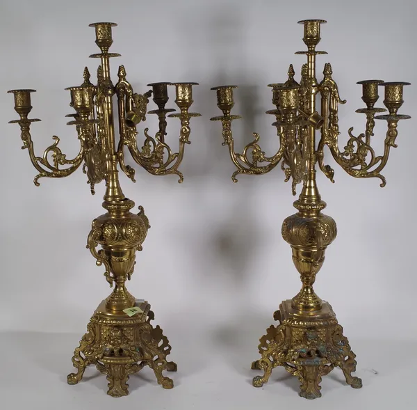 A pair of 20th century gilt brass five branch table candelabra, 60cm high.