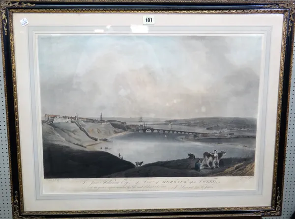 After C. Calton, View of Berwick upon Tweed; View of the Town and Bridge at Berwick, two aquatints by Jukes, with hand colouring, each approx 44.5cm x