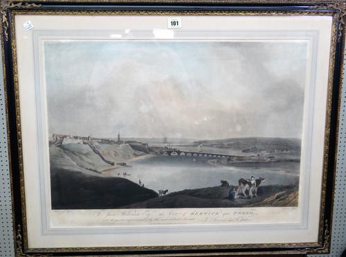 After C. Calton, View of Berwick upon Tweed; View of the Town and Bridge at Berwick, two aquatints by Jukes, with hand colouring, each approx 44.5cm x