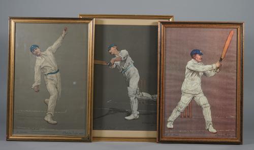 CRICKET PRINTS:  a group of three,  two colour chromolithographs, after Albert Chevalier Tayler,  W. Rhodes, 37cm x 24.5cm, ms. annotations on verso,