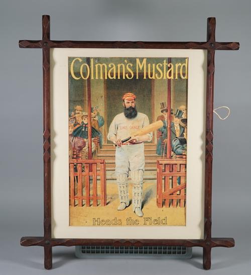 CRICKET:  William 'W.G.' Grace, a vintage advertising poster for Colman's Mustard, 'Like Grace Heads the Field', 'W.G' stepping out from the pavillion