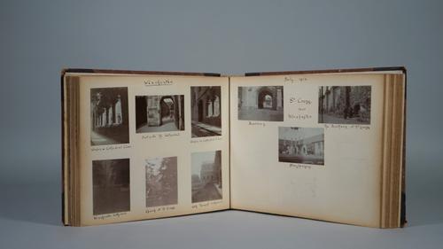 PHOTOGRAPH ALBUM, 1912 - 1918:  54pp., approx. 290 photographs, captioned and dated, 8cm x 5cm, includes London views, 1912, family holidays to Rouen