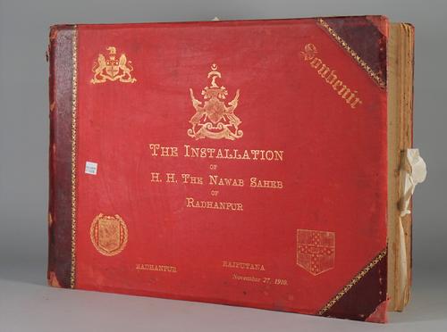 PHOTOGRAPH ALBUM:  India, a souvenir album, 'The Installation of H.H. The Nawab Saheb of Radhanpur, November 27, 1910'. Vernon & Co.  22 b/w. photos.