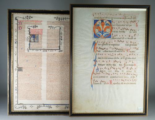 ILLUMINATED MANUSCRIPTS;  two manuscript leaves, ca. ? 15th - 16th century;  Illuminated manuscript leaf, on vellum, laid down on board, Latin text ar