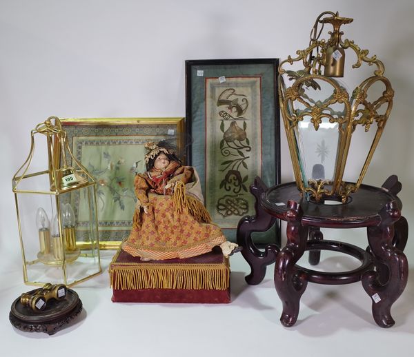 A group of collectables, comprising; a reproduction doll automaton, two Chinese wood stands, two gilt metal lanterns, a pair of opera glasses and two