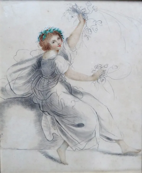 Manner of Bartolozzi, Classical maiden, pencil and watercolour, 26cm x 21cm.; together with 'Music and Learing', two pencil drawings after Cipriani, (