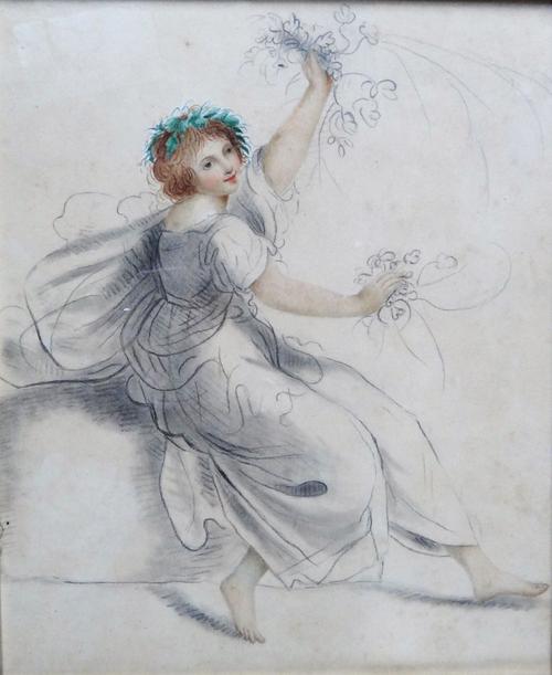 Manner of Bartolozzi, Classical maiden, pencil and watercolour, 26cm x 21cm.; together with 'Music and Learing', two pencil drawings after Cipriani, (