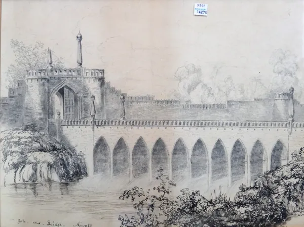 English School (c.1837-38), Indian landscapes: Gate and Bridge, Ajunta; Temple of Mahadee; Chousala Berar; Indian Palace, four, pen, ink and grey wash