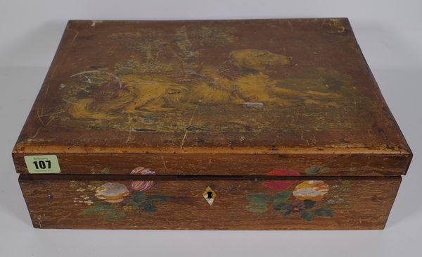 A French painted fruitwood rectangular sewing box, 19th century, the hinged lid painted with a dog, opening to reveal a green painted fitted interior