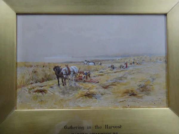 Harold Swanwick (1866-1929), Gathering in the harvest, watercolour, signed and dated 1892, 10.5cm x 15cm.