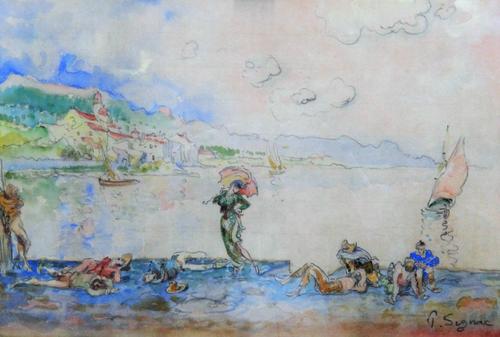 Manner of Paul Signac, Figures at the waters edge, watercolour over pencil, bears a signature, 26cm x 39cm.