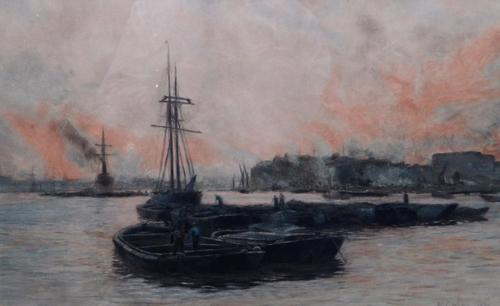 Follower of William Lionel Wyllie, Vessels at sunset, watercolour, bears a signature and date, 28cm x 45.5cm.; together with a further watercolour coa