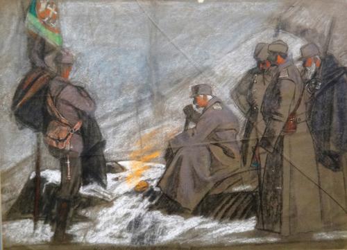 English School (early 20th century), King Peter Crossing the Alba, coloured chalks, inscribed, 52.5cm x 71cm.