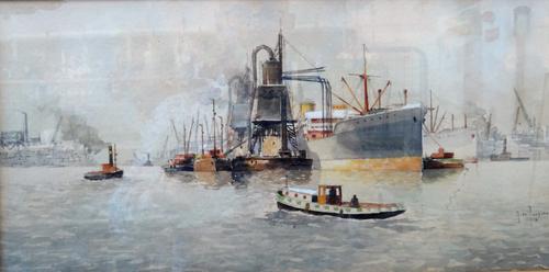 Marinus de Jongere (1912-1978), Port scene, watercolour, signed, 19cm x 39cm. ARR