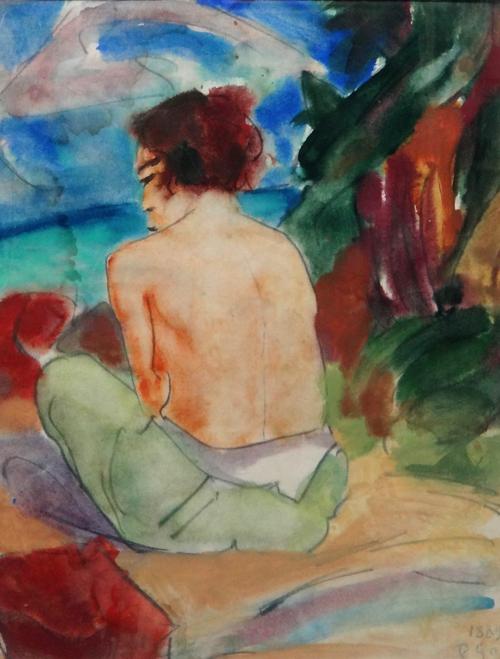 Manner of Paul Gauguin, Seated girl, watercolour over pencil, bears a signature and date, 43cm x 33cm.