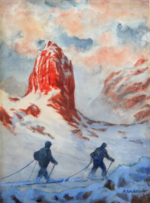 Attributed to Konrad Schikaneder (1888-1958), Skiers in a mountainscape, watercolour, bears a signature, 33cm x 24cm.; together with a further skiing
