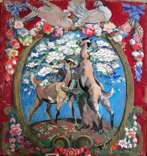 Continental School, early 20th Century, A child surrounded by geese; Deer in a cartouche, two, one oil sketch on board, the other gouache, each approx