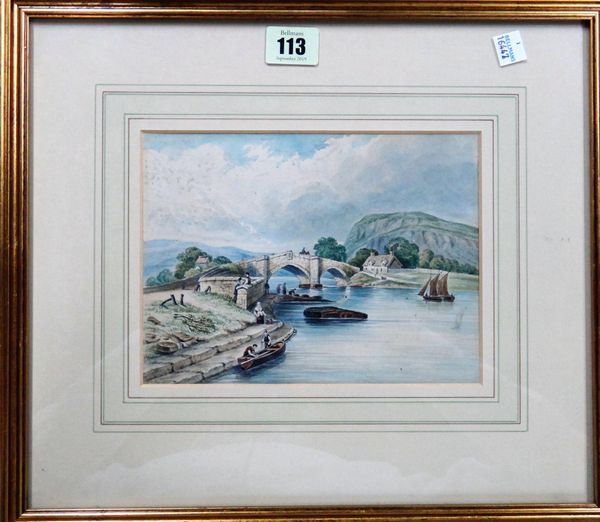 English School (19th century), River scene with figures by a bridge; Vessels off a rocky coastline, a pair, watercolour, each 15cm x 19.5cm.(2)