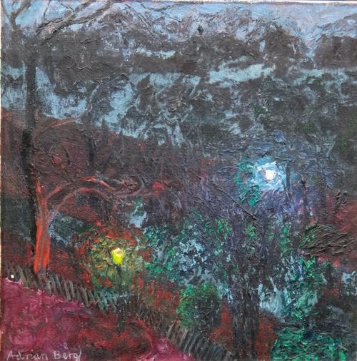 Adrian Berg (b.1929), Moonlight through trees, oil on canvas, signed, signed and dated 12/74 on reverse, 35cm x 35cm. Provenance: with Arthur Tooth &