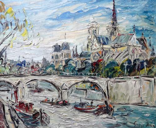 George Hahn (20th century), View on the Seine, near Notredame, oil on board, signed, 50cm x 59cm. A/S