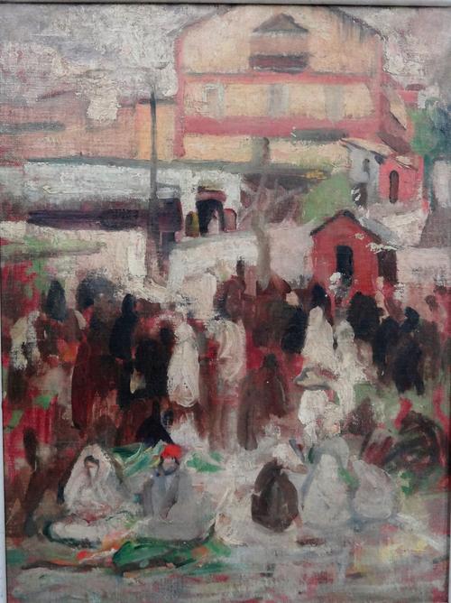 Follower of John Duncan Fergusson (1874-1961), Crowd scene, Morocco, oil on canvas, 39cm x 29.5cm.