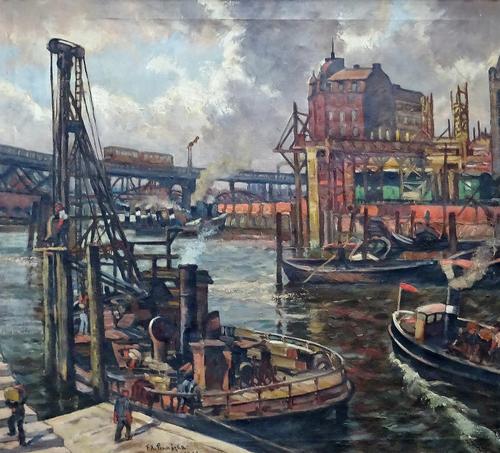 Russian School (20th century), Dock scene, oil on canvas, bears a signature and date, 64cm x 72cm.