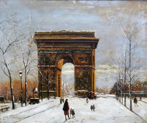 Miguel Canals (1925-1995), after Eugene Galien-Laloue, The Arc de Triomphe, Winter, oil on canvas, bears a signature, 49cm x 60cm. ARR