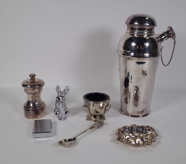 Silver plated wares comprising; a Cocktail shaker, pepper grinder, cauldron salt and liner, a model of a rabbit, leaf shaped dish, Zippo lighter and a